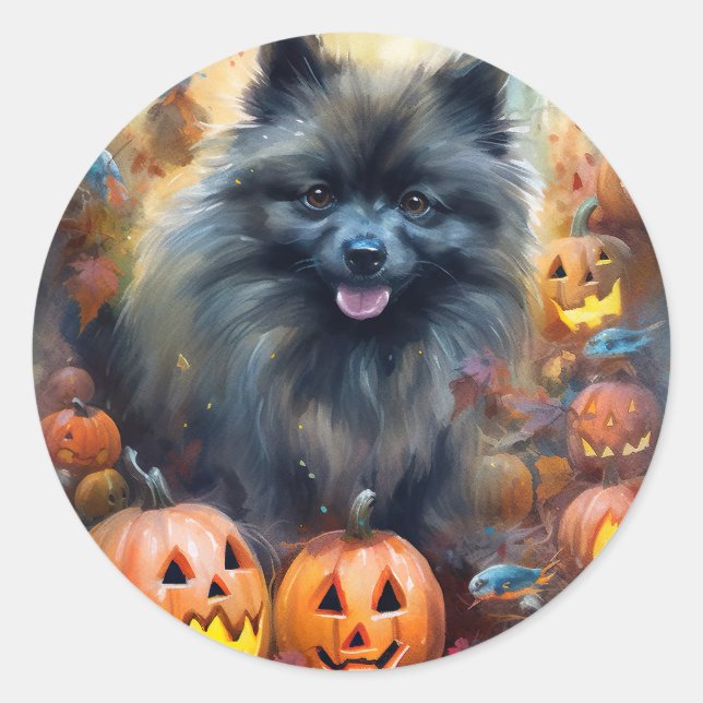 Adesivo Redondo Halloween Keeshond Com Pumpkins Assustado (Frente)