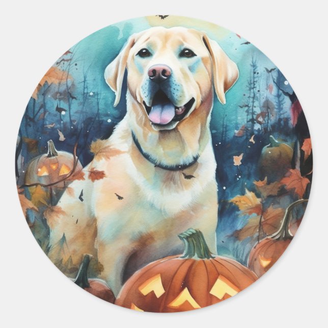 Adesivo Redondo Halloween Labrador Com Pumpkins Assustado (Frente)