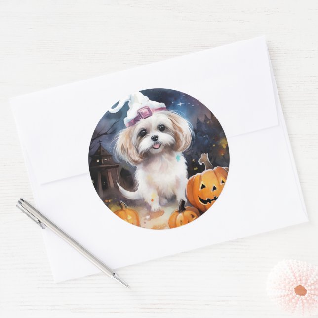 Adesivo Redondo Halloween Malti Tzu Com Pumpkins Assustado (Envelope)