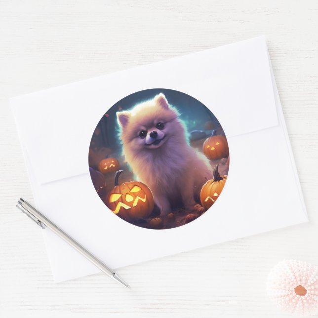 Adesivo Redondo Halloween Pomeranian Com Pumpkins Assustado (Envelope)