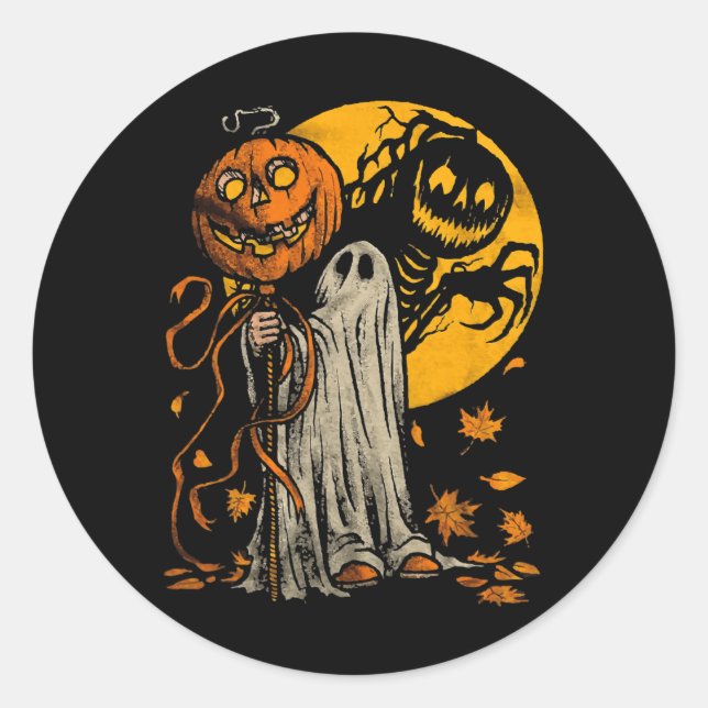 Adesivo Redondo Halloween Pumpkin Fantasma do outono deixa arte gr (Frente)