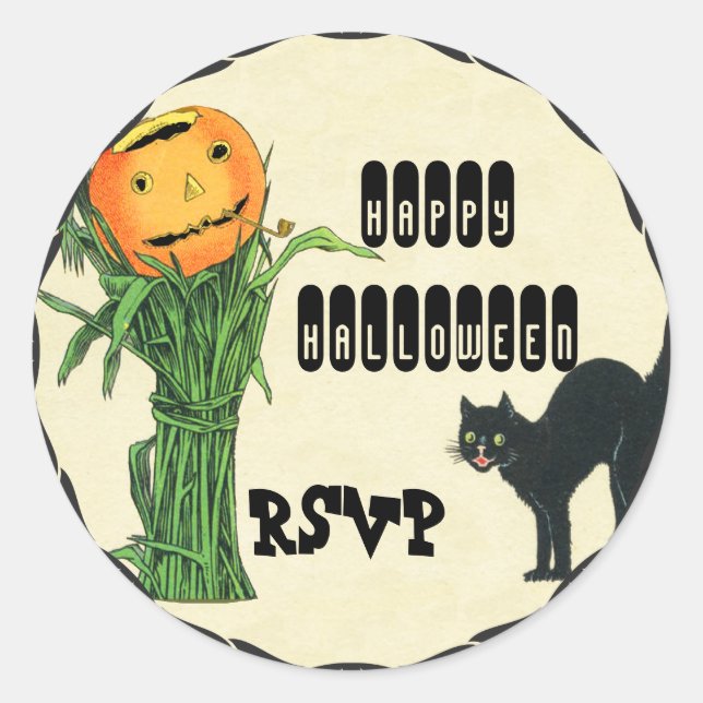 Adesivo Redondo HALLOWEEN PUMPKIN HEAD Cornstalk e Black Cat (Frente)