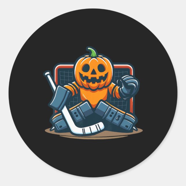 Adesivo Redondo Halloween Pumpkin Ice Hockey Goalie  (Frente)