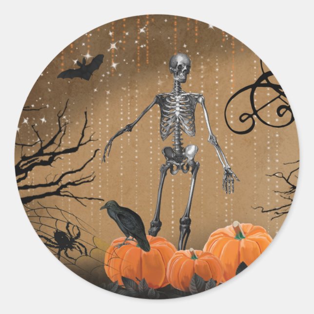 Adesivo Redondo Halloween Pumpkin Skeleton (Frente)