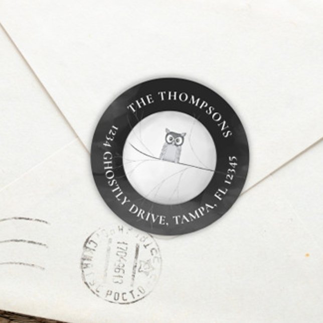 Adesivo Redondo Halloween Return Address Spooky Scary Owl (Criador carregado)