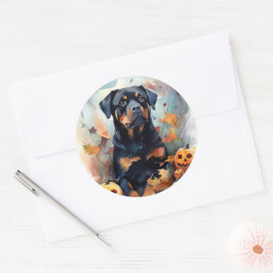 Adesivo Redondo Halloween Rottweiler Com Pumpkins Assustado