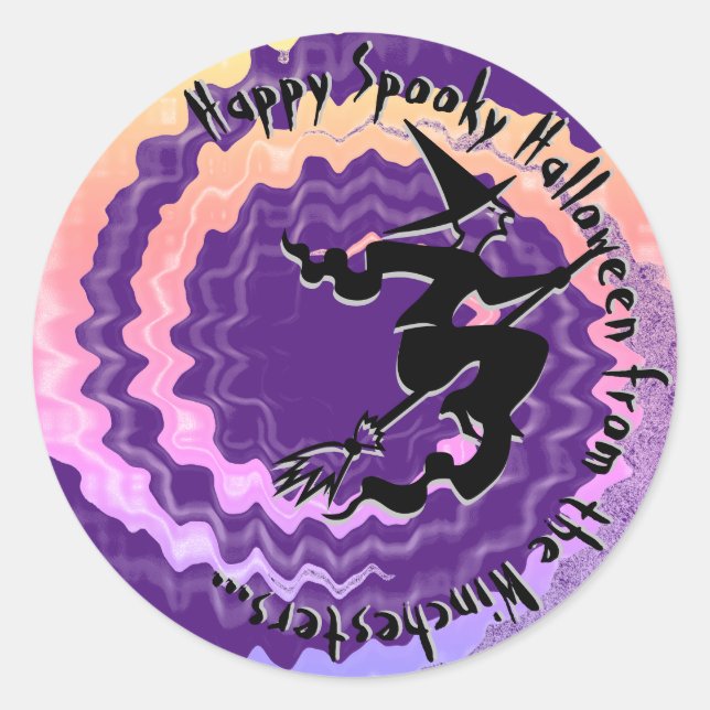 Adesivo Redondo Halloween roxo voando feitiço mágico feitiço de br (Frente)