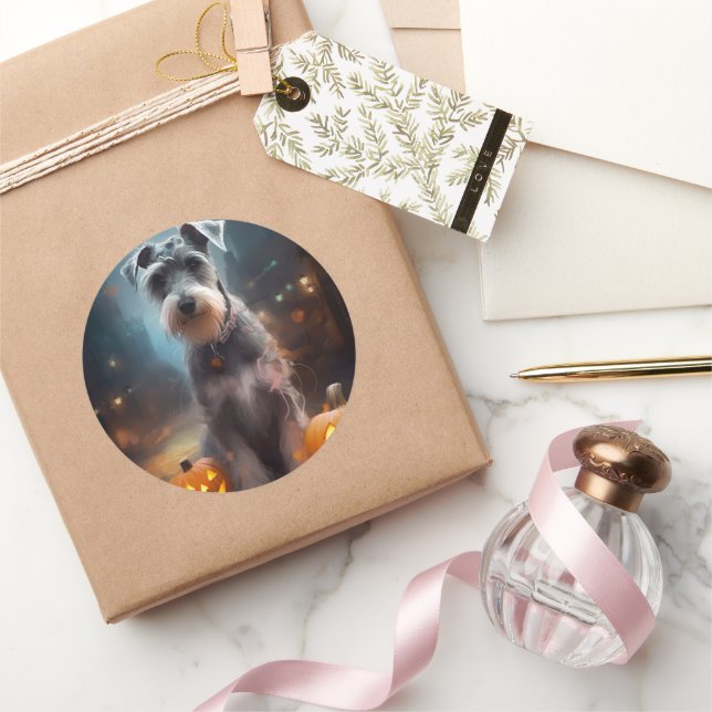 Adesivo Redondo Halloween Schnauzer Com Pumpkins Assustado (Presentear)