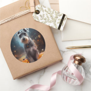 Adesivo Redondo Halloween Schnauzer Com Pumpkins Assustado