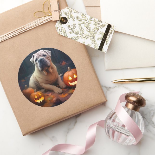 Adesivo Redondo Halloween Shar Pei Com Pumpkins Assustado (Presentear)