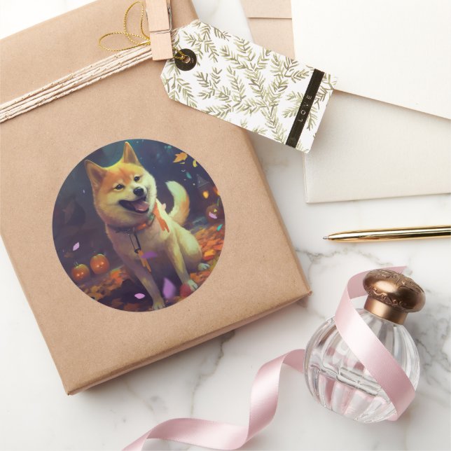 Adesivo Redondo Halloween Shiba Inu Com Pumpkins Assustado (Presentear)