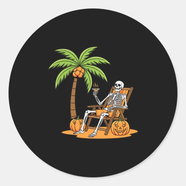 Adesivo Redondo Halloween Skeleton Beach Vacation Palm Tree Pumpki (Frente)