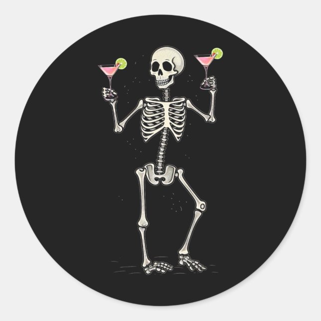 Adesivo Redondo Halloween Skeleton Bebendo Cosmopolitan Tail (Frente)