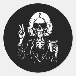 Adesivo Redondo Halloween Skeleton Bebendo preguiçoso Café Costum