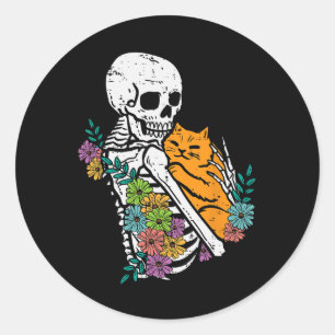 Adesivo Redondo Halloween Skeleton Cat Hug Flores Figurume Mulhere