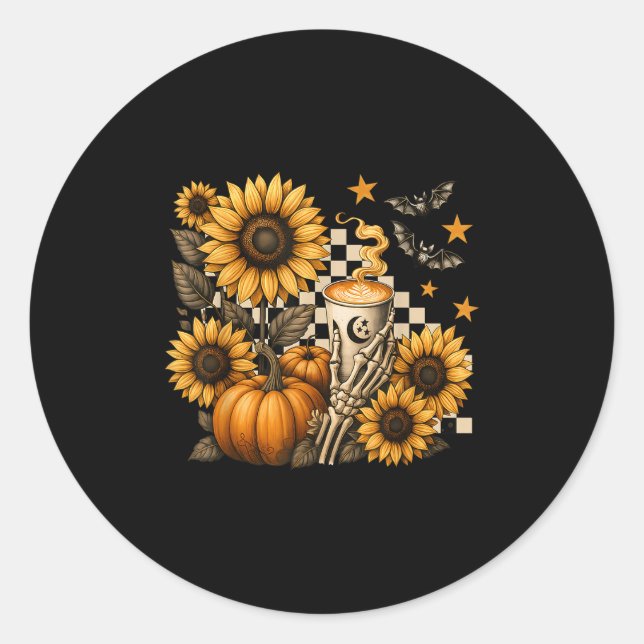 Adesivo Redondo Halloween Skeleton Coffee, Soky Sunflowers Pumpkin (Frente)