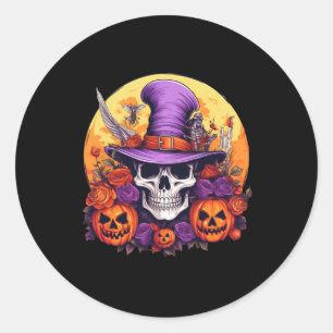 Adesivo Redondo Halloween Skeleton Purple Hat Orange Belt Floral B