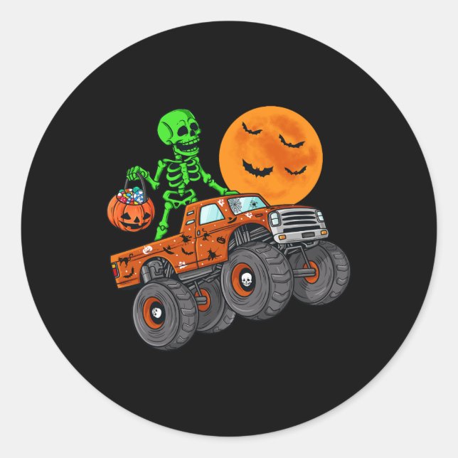 Adesivo Redondo Halloween Skeleton Riding Monster Truck Toddler Bo (Frente)