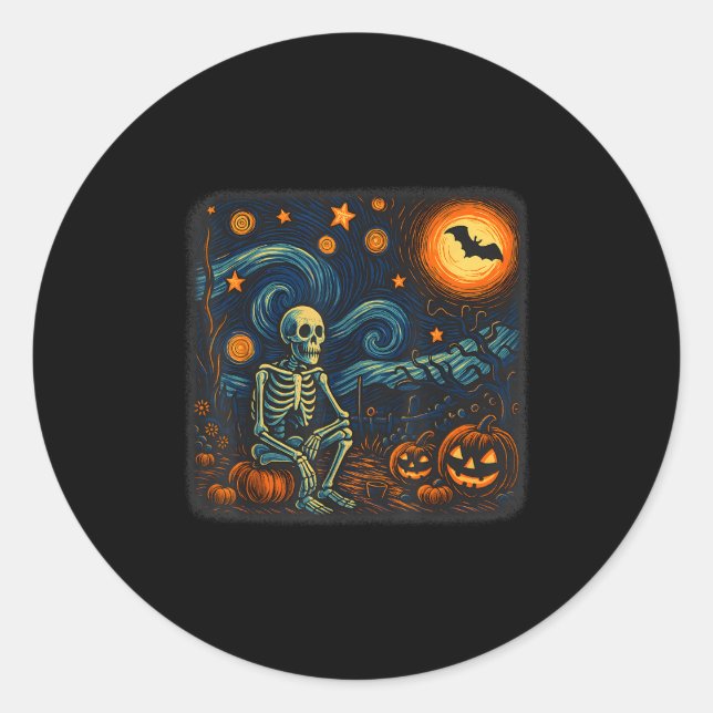 Adesivo Redondo Halloween Skeleton Starry Night Van Gogh Pumpkin (Frente)