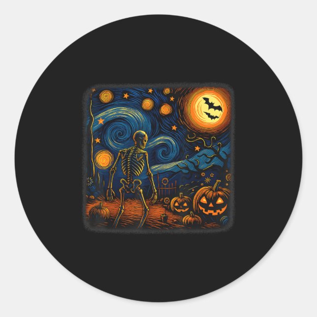 Adesivo Redondo Halloween Skeleton Starry Night Van Gogh Pumpkin M (Frente)