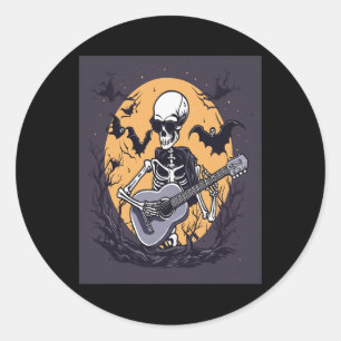 Adesivo Redondo Halloween Skeleton tocando guitarra música engraça