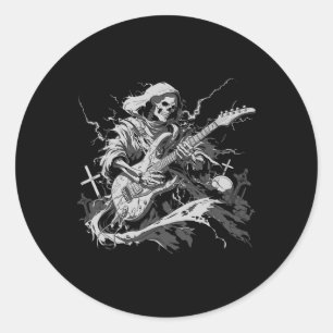 Adesivo Redondo Halloween Skeleton Tocando Guitarra Rock E Roll E