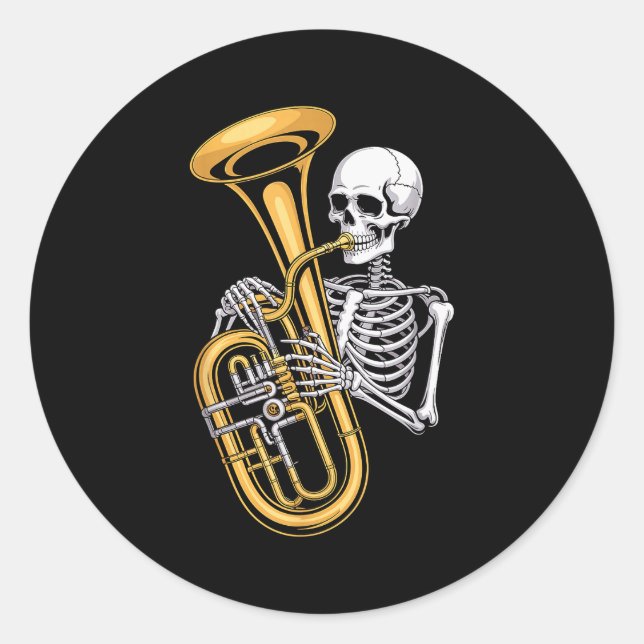 Adesivo Redondo Halloween Skeleton Tuba Tubist  (Frente)