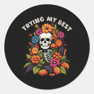 Adesivo Redondo Halloween Skeleton Vintage Flowers Tentando Meu Me