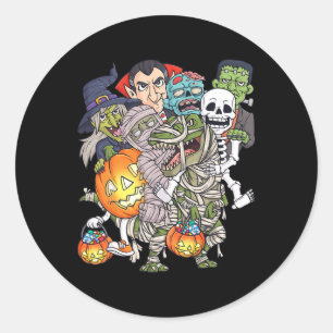 Adesivo Redondo Halloween Skeleton Zombie Andando Mummy T Rex Engr