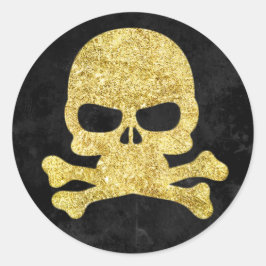 Adesivo Redondo Halloween Skull & Cross Bones Dourado Faux Glitter