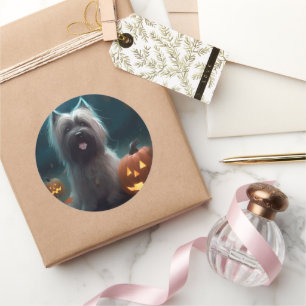 Adesivo Redondo Halloween Skye Terrier Com Pumpkins Assustado