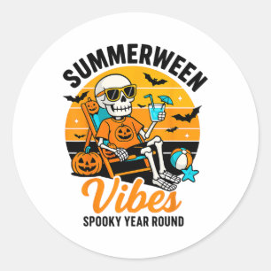 Adesivo Redondo Halloween Summer Ween Vibes Spookey Skeleton Float