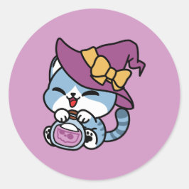 Adesivo Redondo Halloween Tabby Cat – Witch Hat & Potion Art