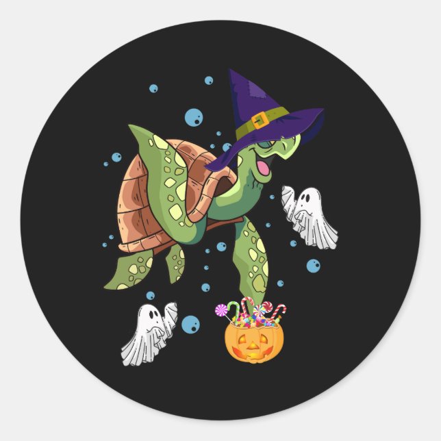 Adesivo Redondo Halloween Turtle Tortoise Witch Hat Ghost Costume (Frente)