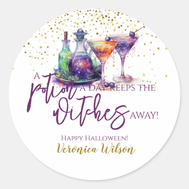 Adesivo Redondo Halloween Uma Poção Por Dia Engraçado (Frente)