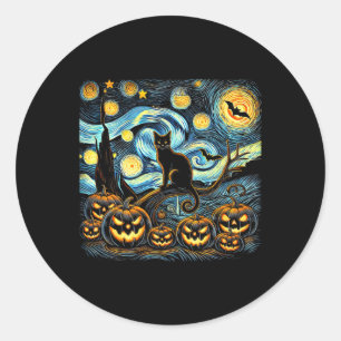 Adesivo Redondo Halloween Van Gogh Starry Night Pumpkin Black Cat