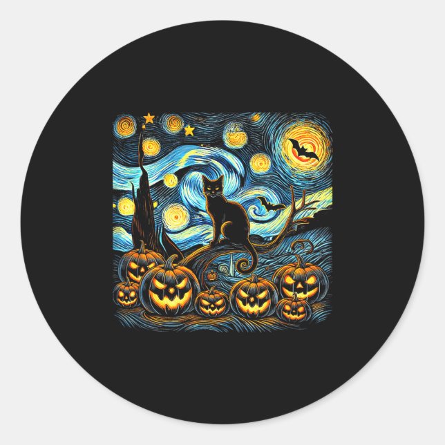 Adesivo Redondo Halloween Van Gogh Starry Night Pumpkin Black Cat  (Frente)