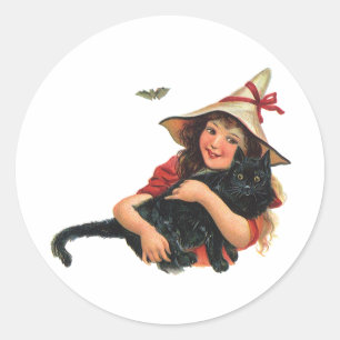 Adesivo Redondo Halloween Vintage, Bruxa Menina com Gato Preto