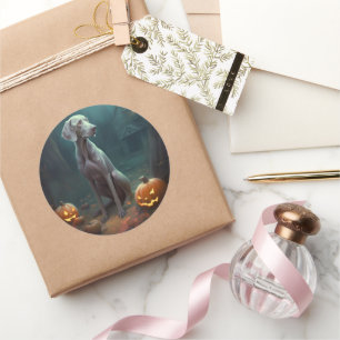 Adesivo Redondo Halloween Weimaraner Com Pumpkins Assustado