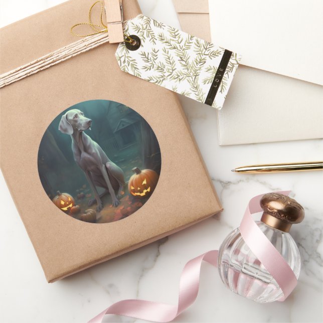 Adesivo Redondo Halloween Weimaraner Com Pumpkins Assustado (Presentear)