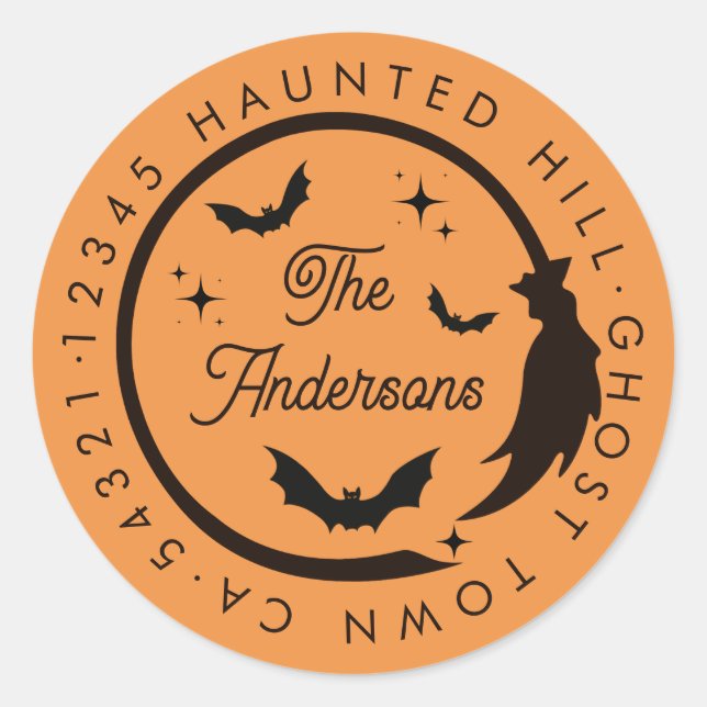 Adesivo Redondo Halloween Witch Broom Bats Spooky Endereço de Reto (Frente)