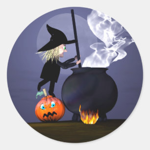 Adesivo Redondo Halloween Witch e Cauldron