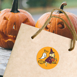 Adesivo Redondo Halloween Yellow Labrador and Broom