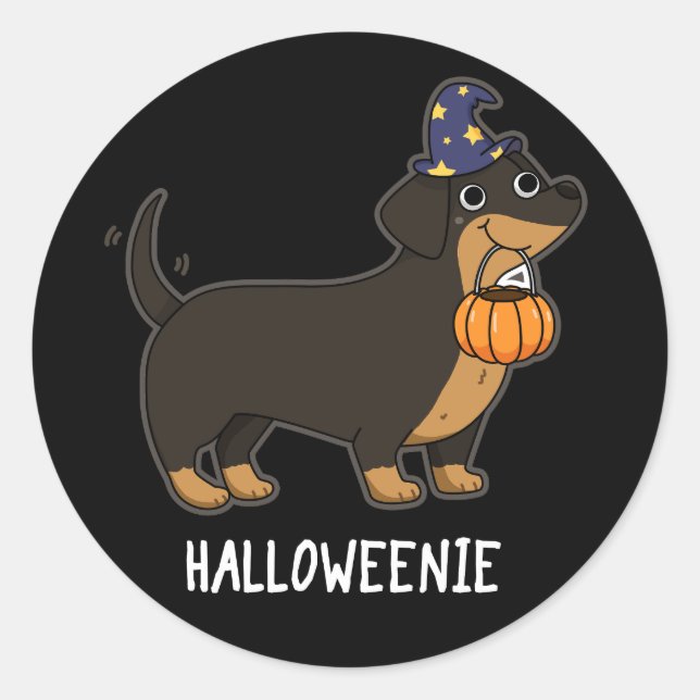 Adesivo Redondo Halloweenie Funny Sausage Cão Pun Dark BG (Frente)