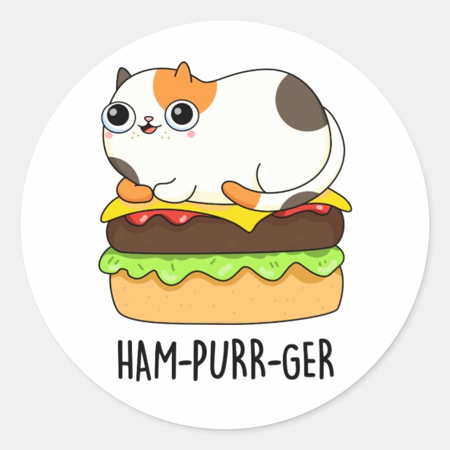 Adesivo Redondo Ham-Purr-Ger Funny Cat Hamburger Pun (Frente)