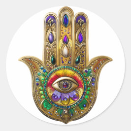 Adesivo Redondo Hamsa de Ouro Pintado com Olho Terceiro de Ametist