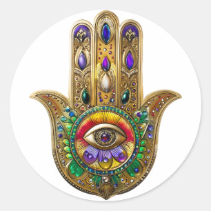 Adesivo Redondo Hamsa de Ouro Pintado com Olho Terceiro de Ametist