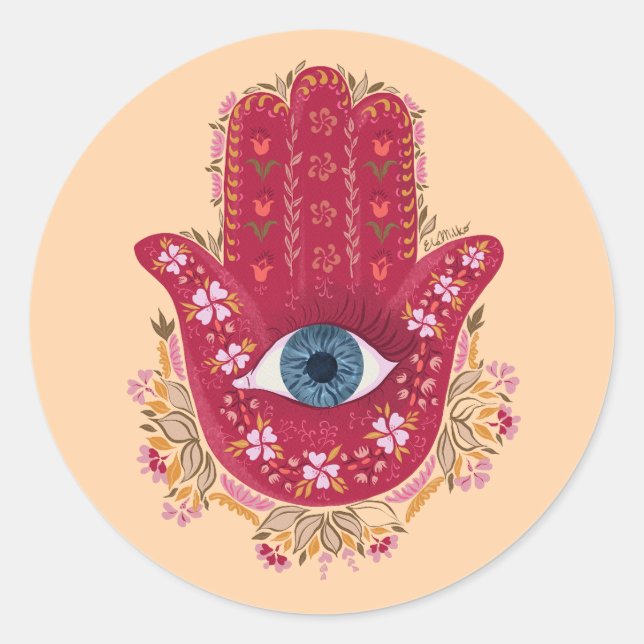 Adesivo Redondo Hamsa Hand_Magenta_Cream Sticker (Frente)