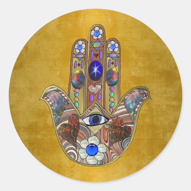 Adesivo Redondo Hamsa Hearts Flowers Opal Art em Dourado (Frente)