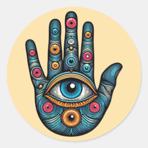 Adesivo Redondo Hamsa Mão com e ilustração de arte ocular